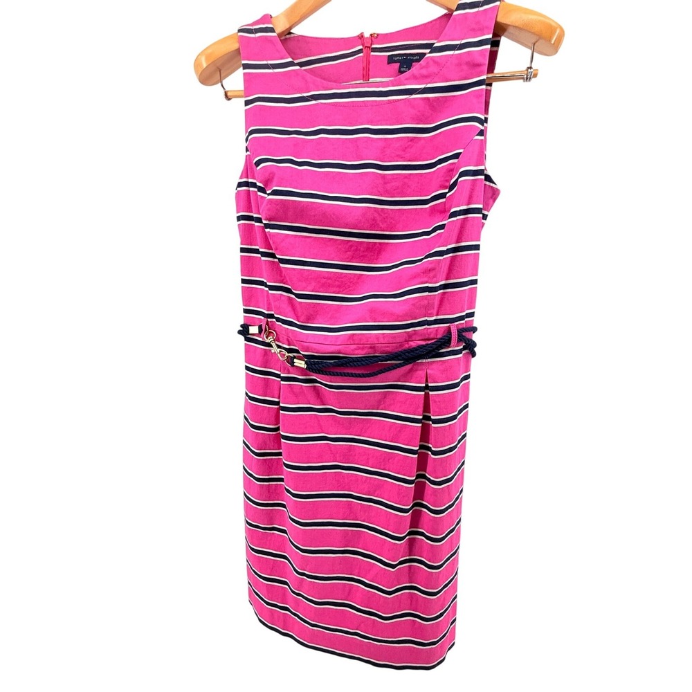Tommy Hilfiger Striped Pink Navy White Sleeveless Sheath Dress w/Rope Belt Sz 10